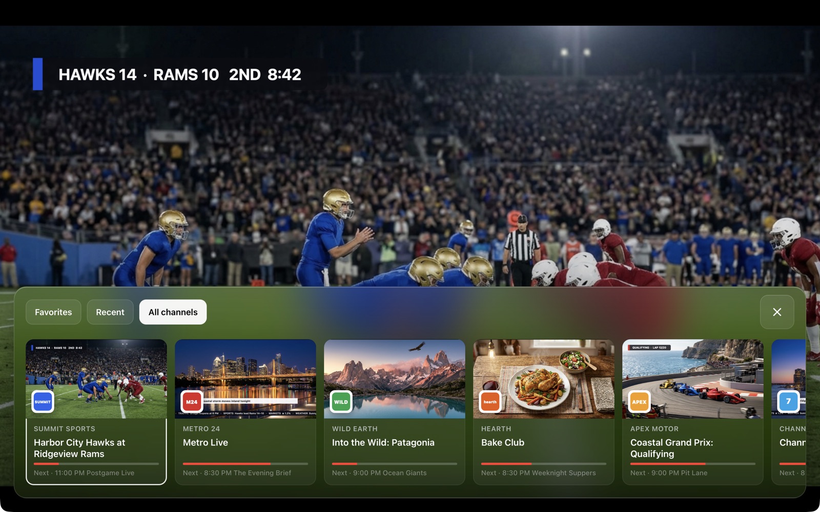 A row of live channel previews over a football game.