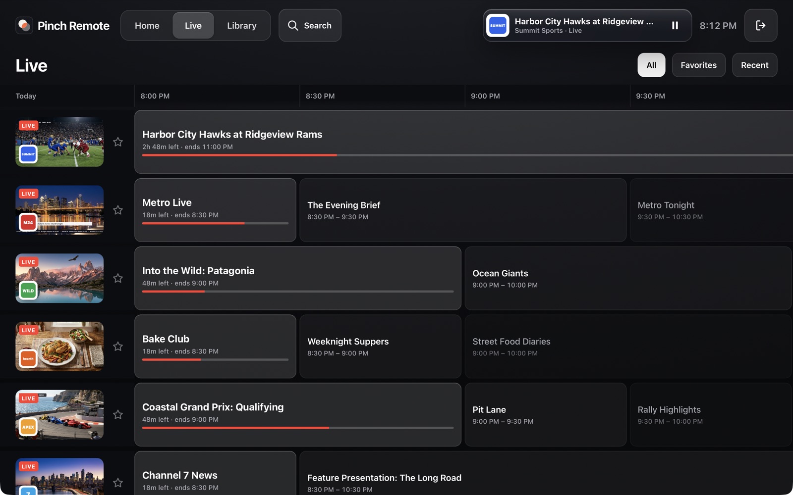 The Live guide: channels with live previews and a timeline of what's on now and next.