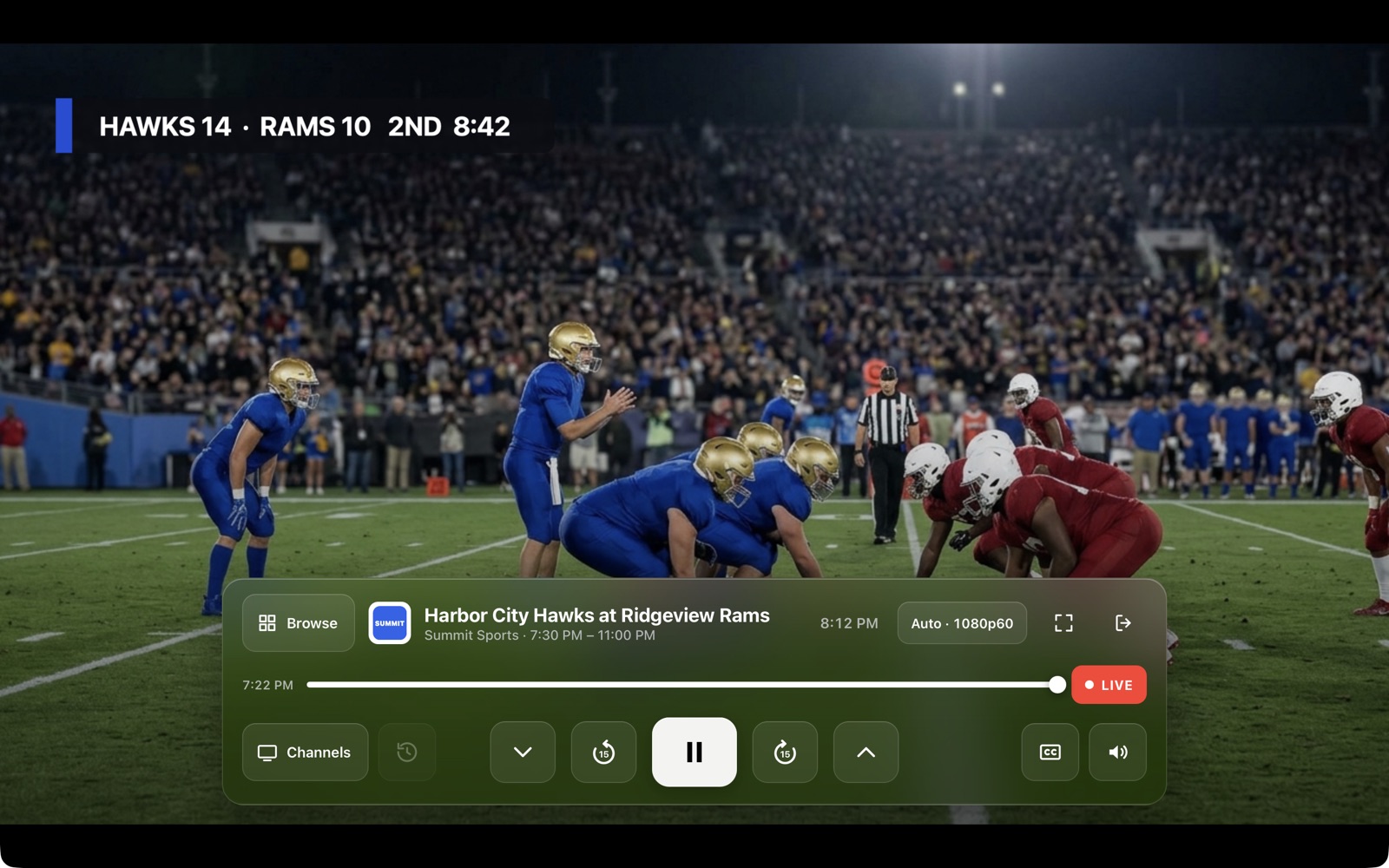 The player controls over a live football game.